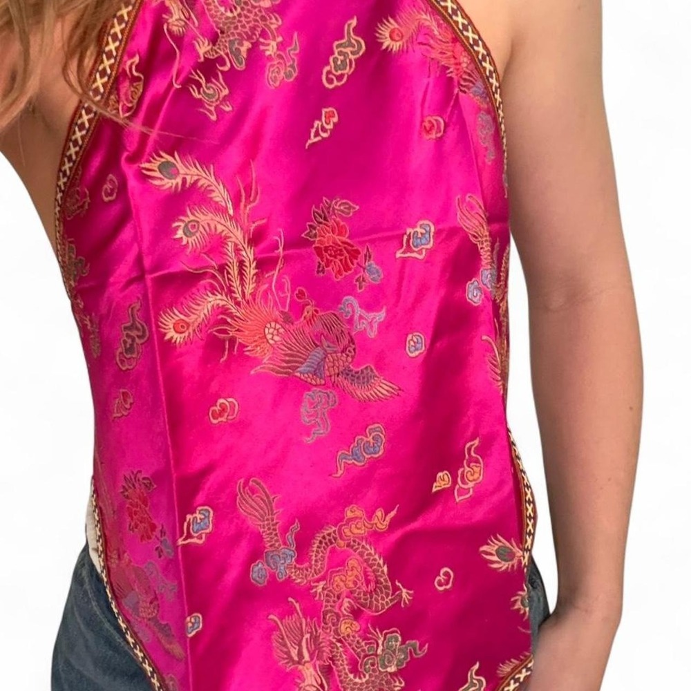 Y2K Hot Pink Satin Dragon Print Halter Top Neck & Back Tie
